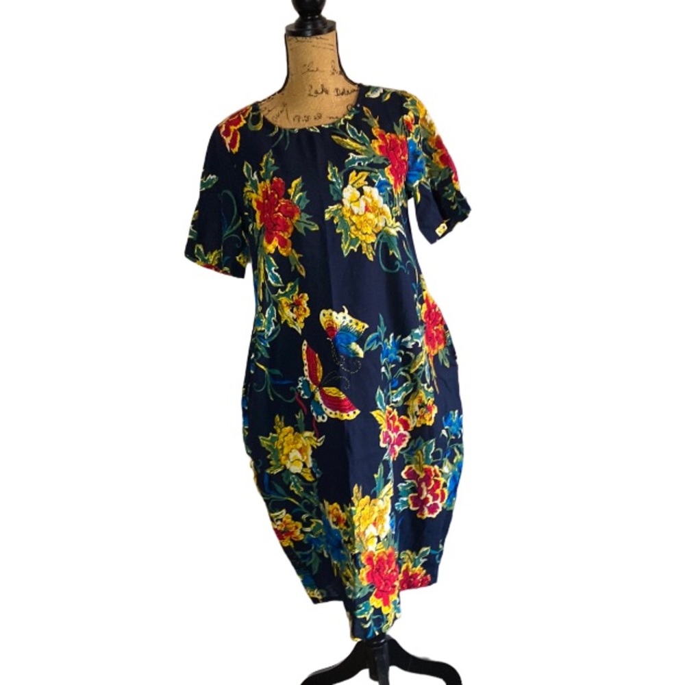Zanzea Linen Like Floral Butterfly Fitted Dress With Pockets Size Medium